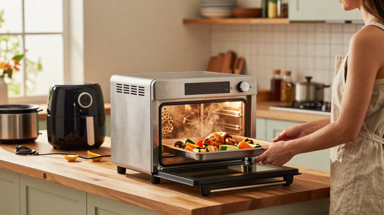 Pessoa retirando uma assadeira com frango e legumes de forno elétrico na cozinha moderna.