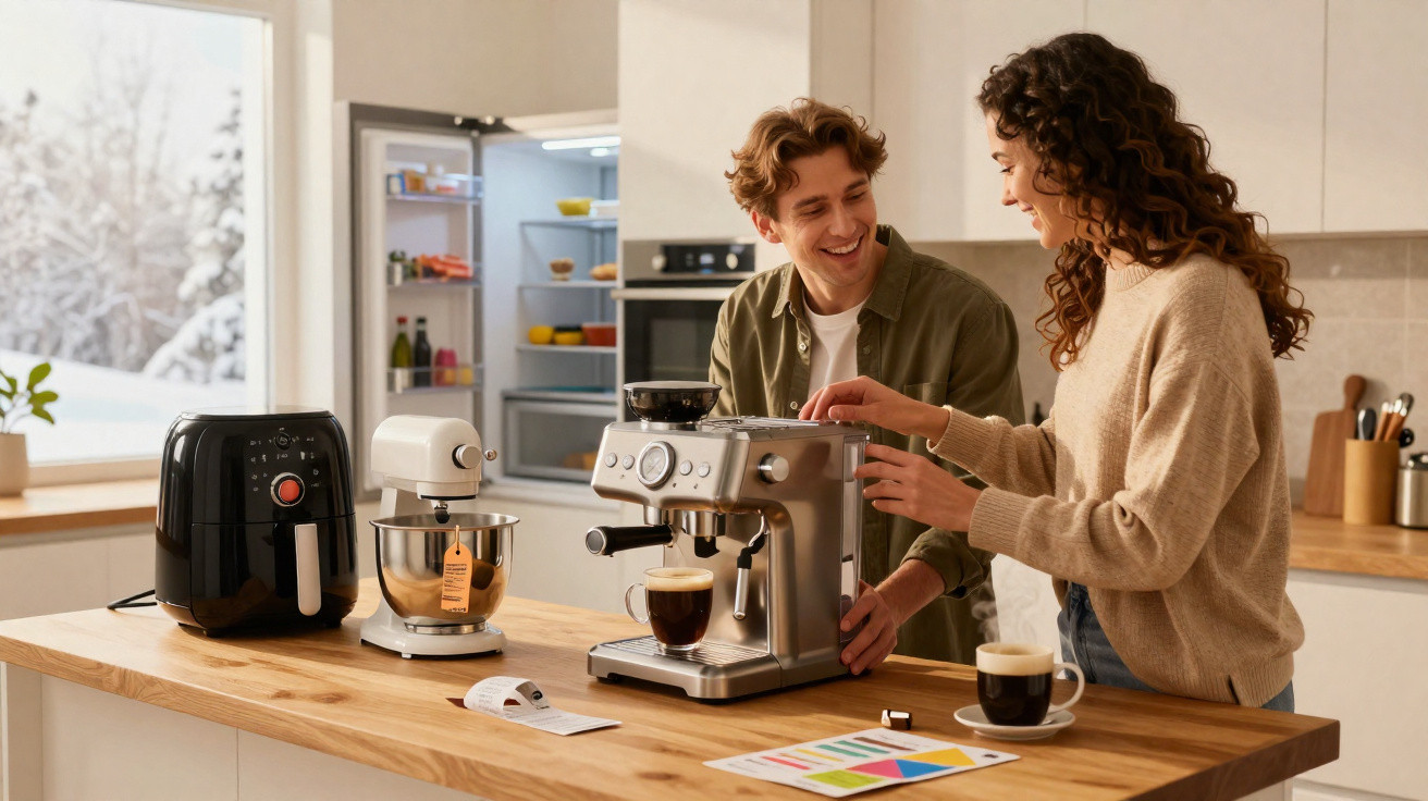Casal feliz preparando café em máquina expresso na cozinha moderna com eletrodomésticos na bancada.