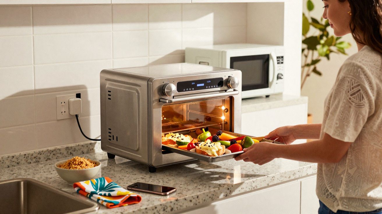 Pessoa retirando bandeja com legumes e pão do forno elétrico na cozinha moderna.