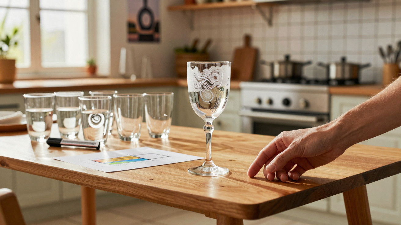 Mão ajustando taça de vidro com água sobre mesa de madeira em cozinha com copos e papel ao fundo.