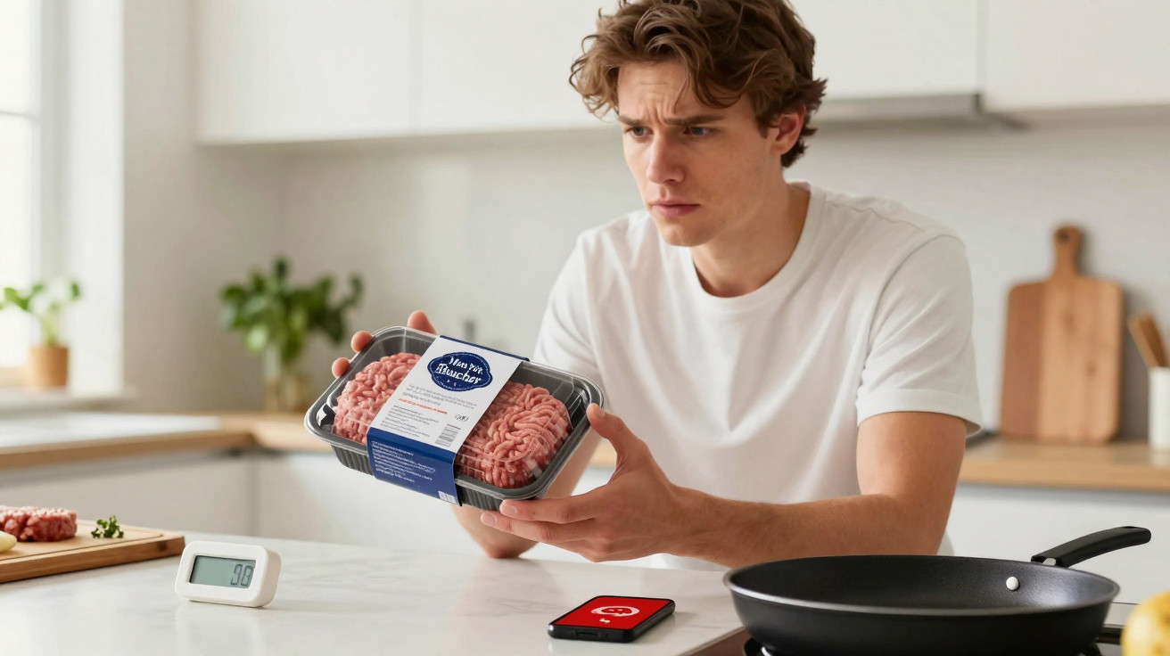 Jovem segurando embalagem de carne moída na cozinha, com frigideira e balança na bancada.