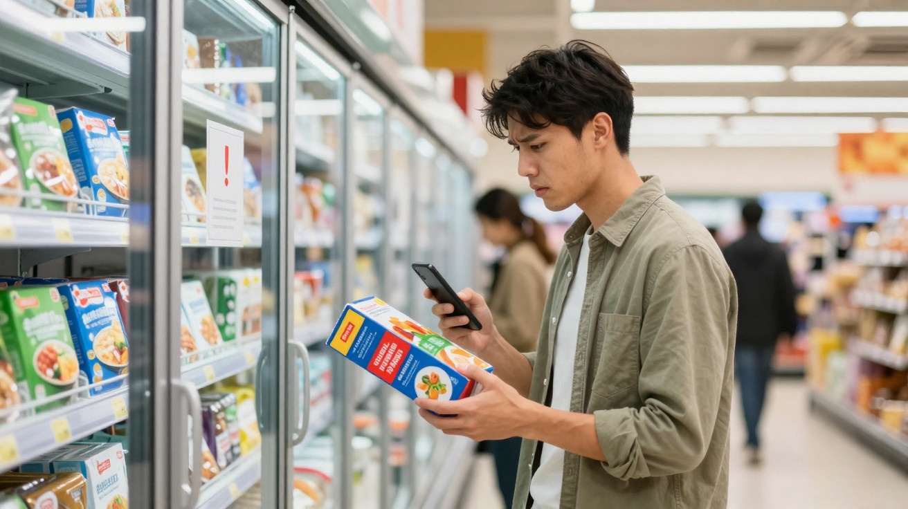 Homem jovem conferindo informações no celular enquanto segura embalagem de alimento em supermercado.