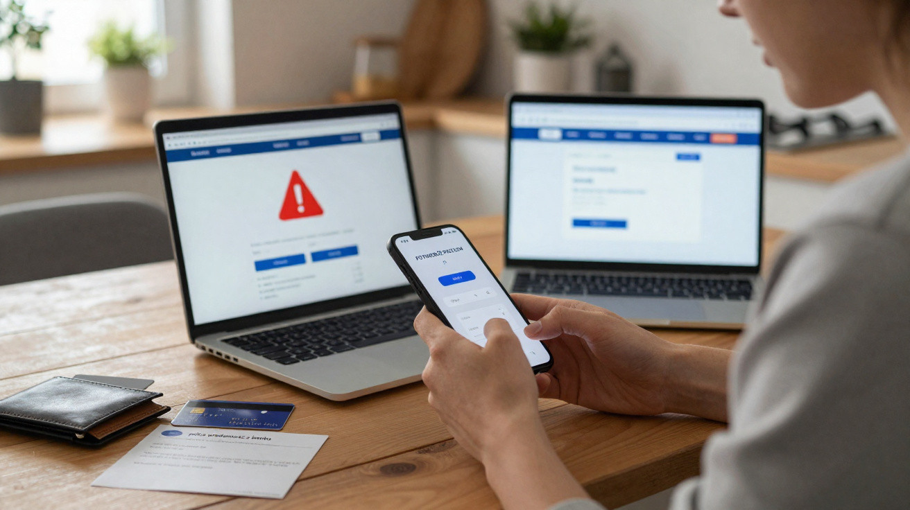 Pessoa verificando segurança online em celular com dois notebooks exibindo alertas em uma mesa de madeira.