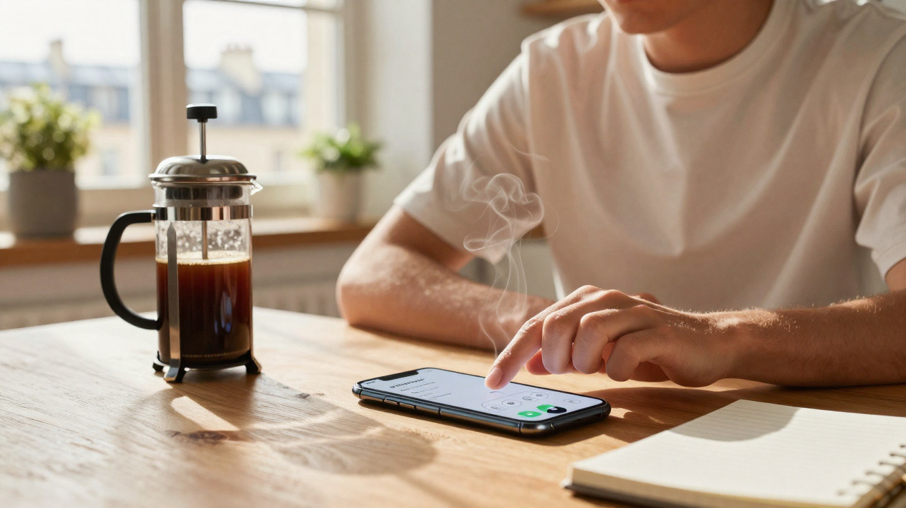 Pessoa usando smartphone em mesa com cafeteira francesa, caderno e plantas ao fundo, em ambiente iluminado.