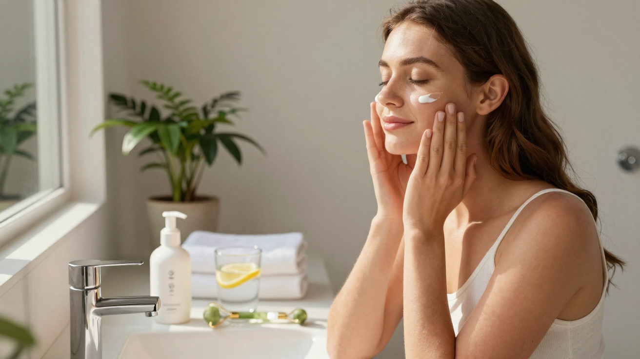 Mulher aplicando creme facial com olhos fechados em banheiro iluminado, ao lado da pia com toalhas e planta.