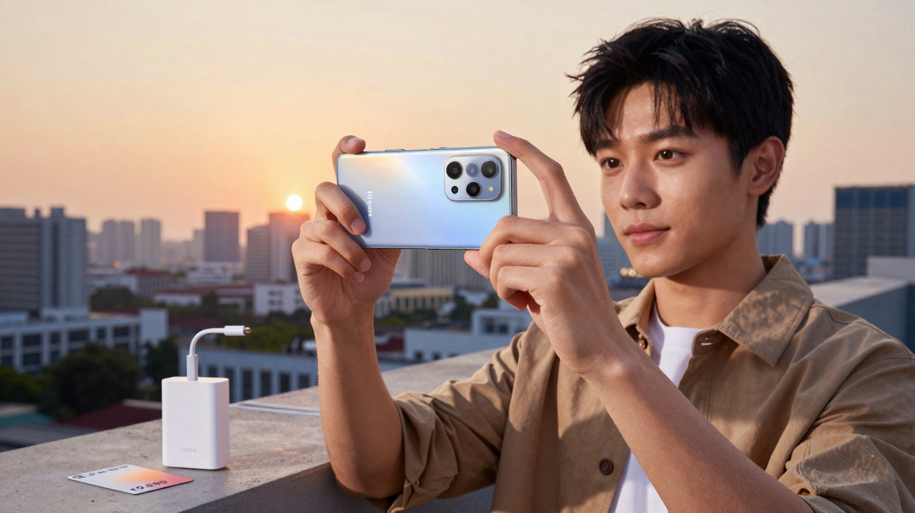 Jovem fotografa com smartphone em varanda ao pôr do sol, com carregador e cartão sobre o muro.