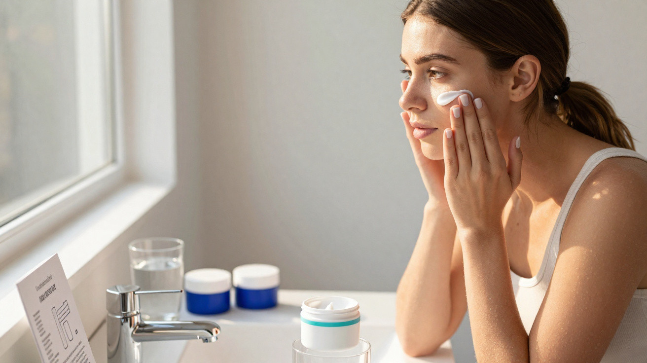 Mulher aplicando creme facial na bochecha perto de pia com produtos de cuidados com a pele.