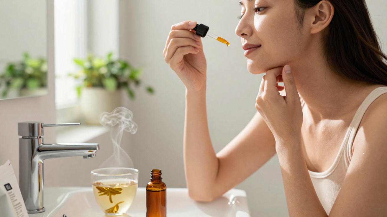 Mulher aplicando óleo facial com conta-gotas em ambiente iluminado com chá quente ao fundo.