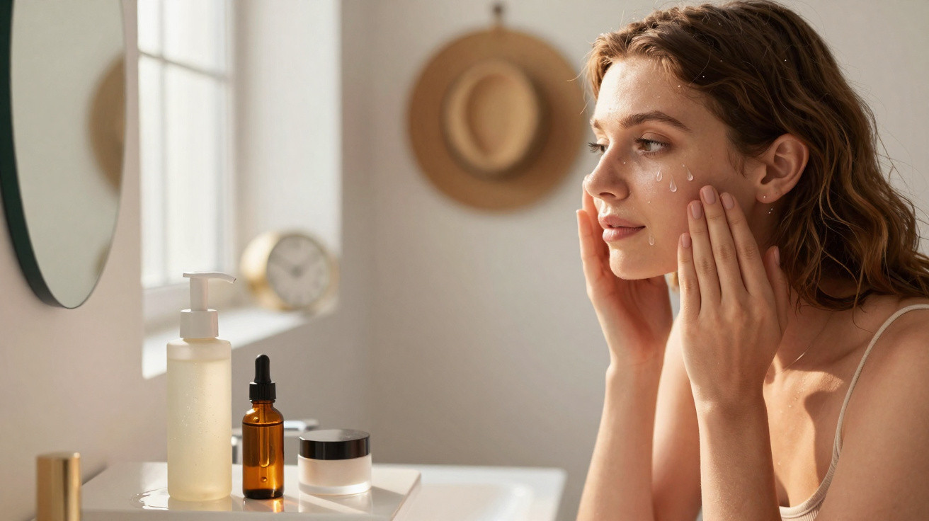 Mulher aplicando hidratante facial em frente ao espelho em banheiro iluminado natural.