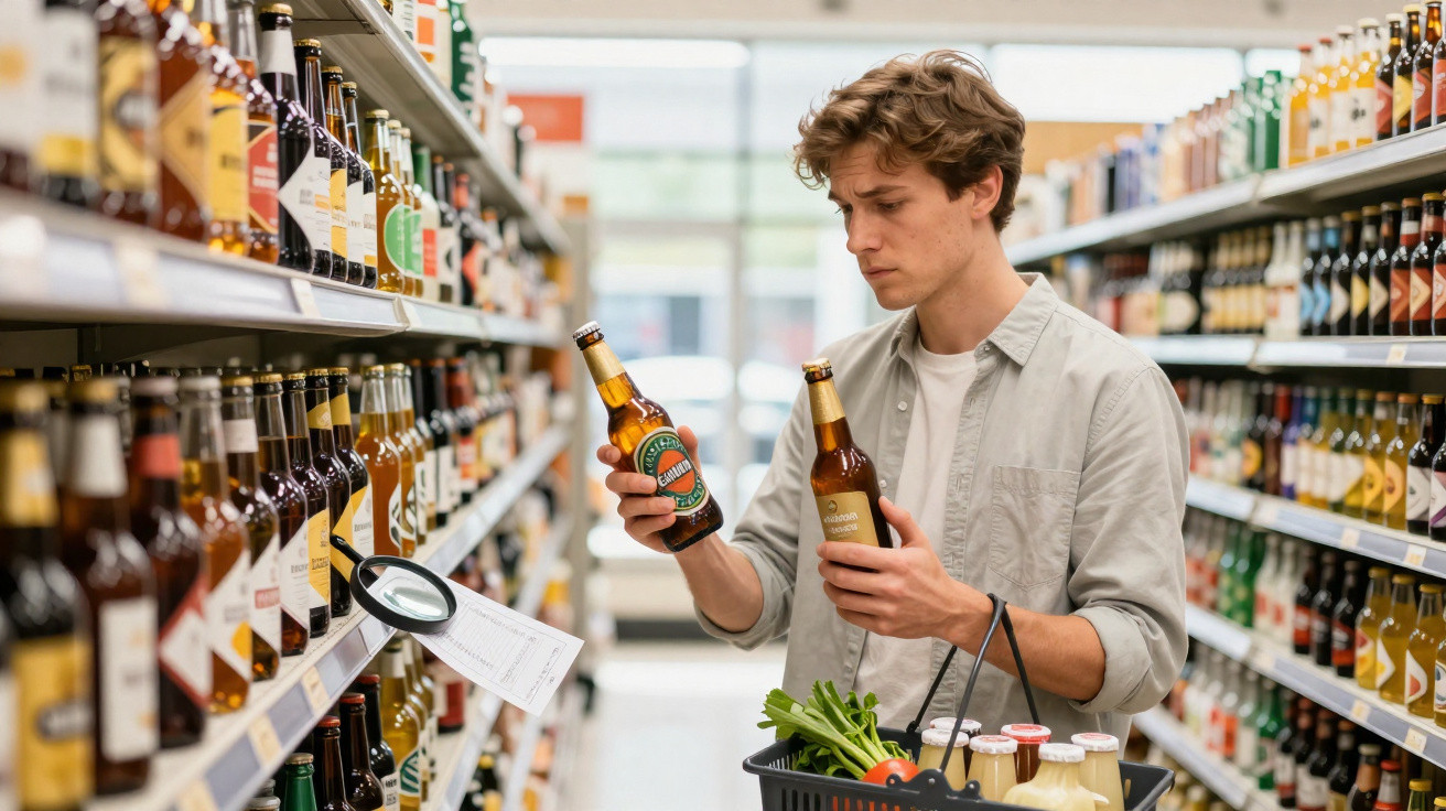 Jovem homem escolhe entre duas cervejas em corredor de supermercado com cesta de compras.
