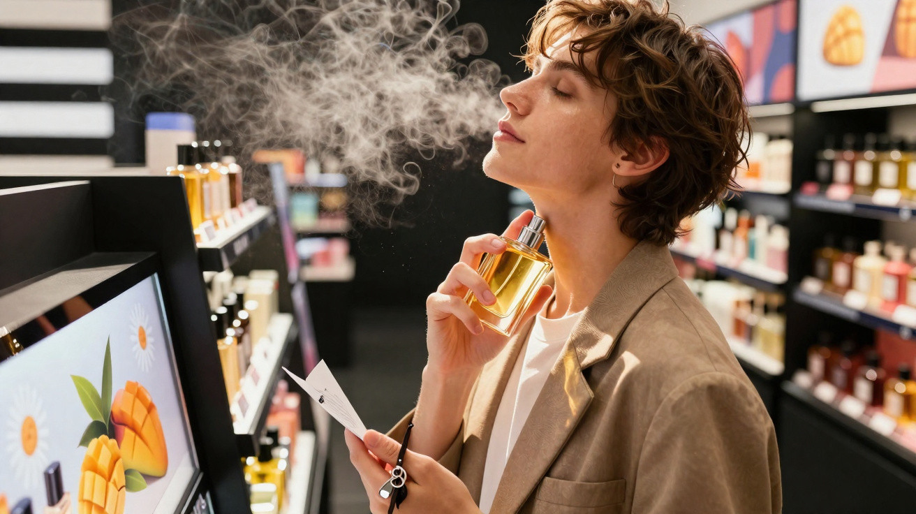 Pessoa aplica perfume no pescoço enquanto segura chave e papel em loja de cosméticos.