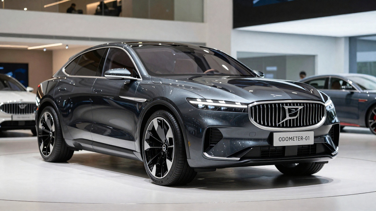 Carro elétrico cinza escuro exposto em salão de automóveis com design moderno e faróis LED finos.