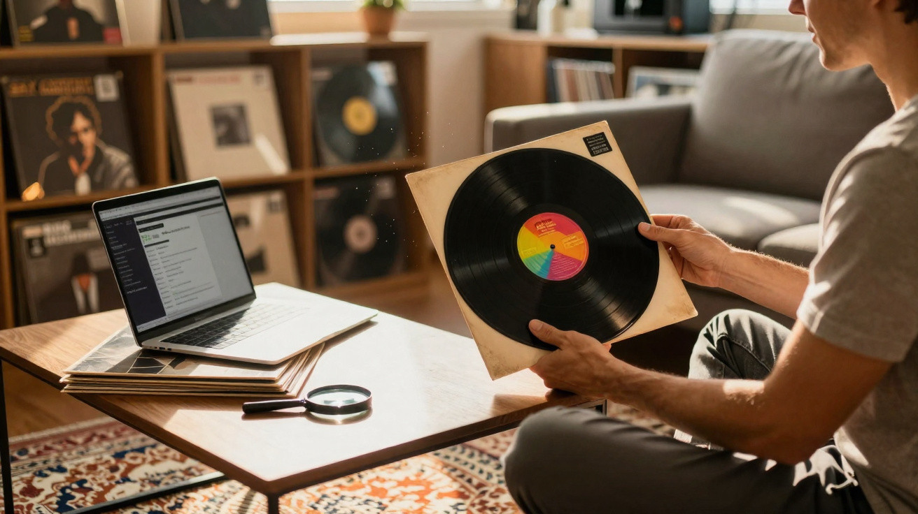 Pessoa segurando vinil próximo a laptop sobre mesa em sala com estante e sofá ao fundo.