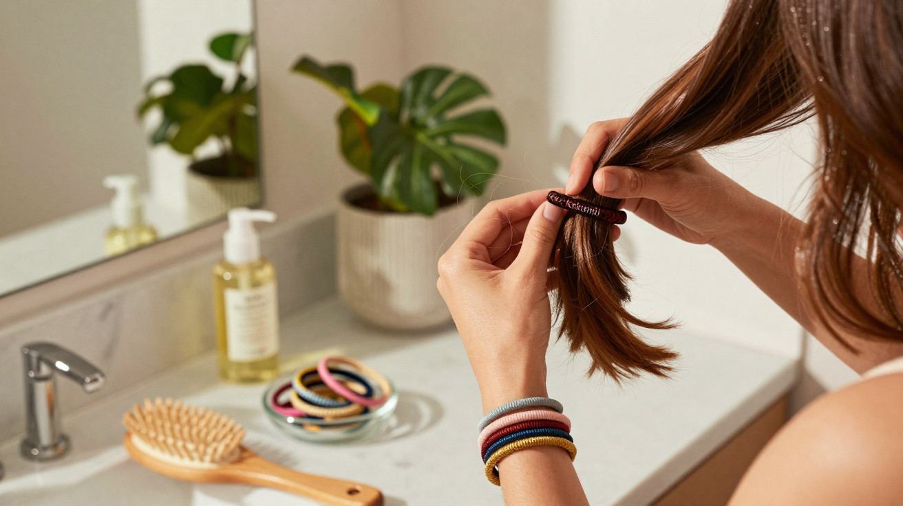 Pessoa segurando cabelo e prenda preta em banheiro com planta, escova e frascos ao fundo sobre bancada.