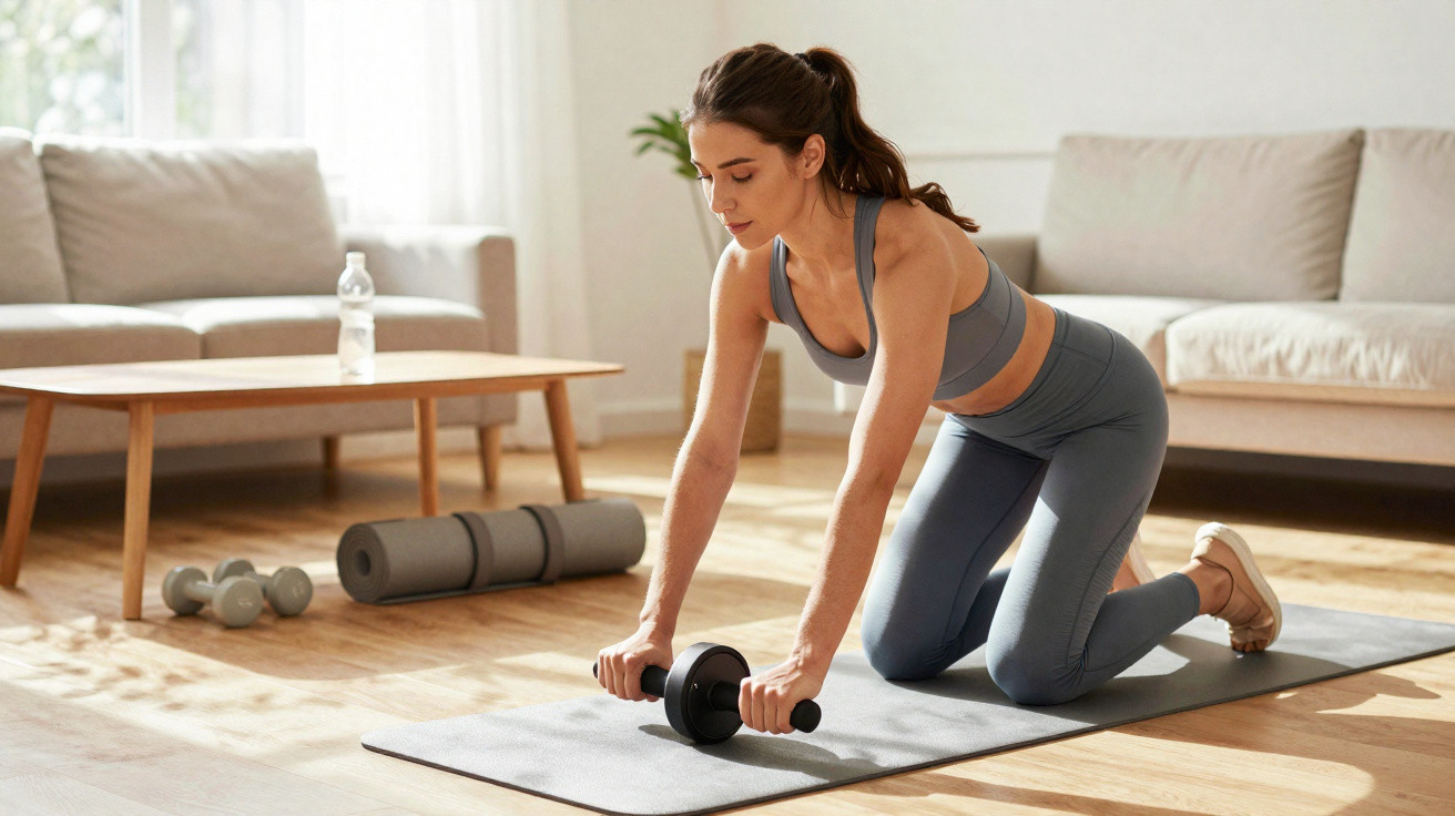 Mulher exercitando com roda abdominal em tapete na sala iluminada com sofá e halteres ao fundo.
