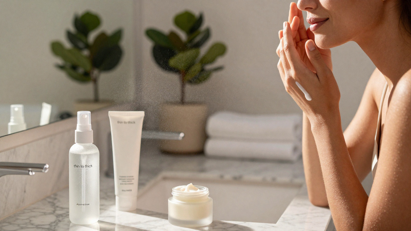 Mulher aplicando creme no rosto ao lado de produtos de skincare em bancada de banheiro com plantas ao fundo.