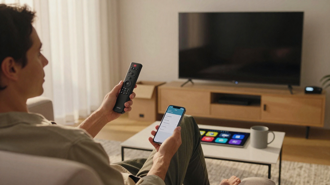 Homem sentado no sofá segurando controle remoto e smartphone em frente à TV desligada.
