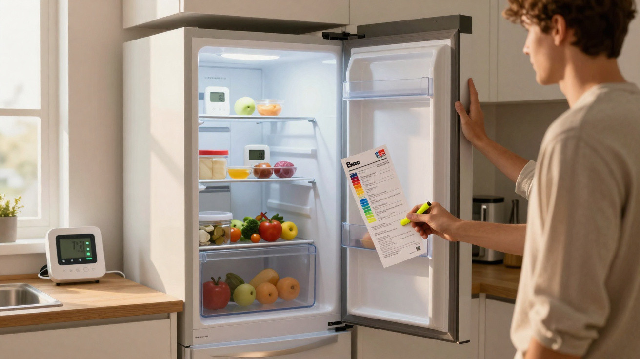 Pessoa segurando ficha de eficiência energética próxima a geladeira aberta com frutas e vegetais na cozinha.