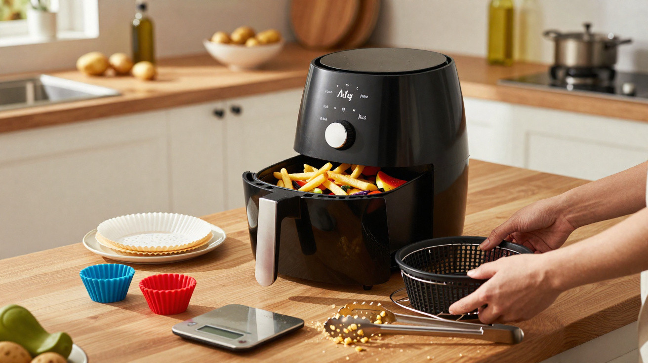 Air fryer preta na cozinha com batatas fritas e utensílios em bancada de madeira clara.