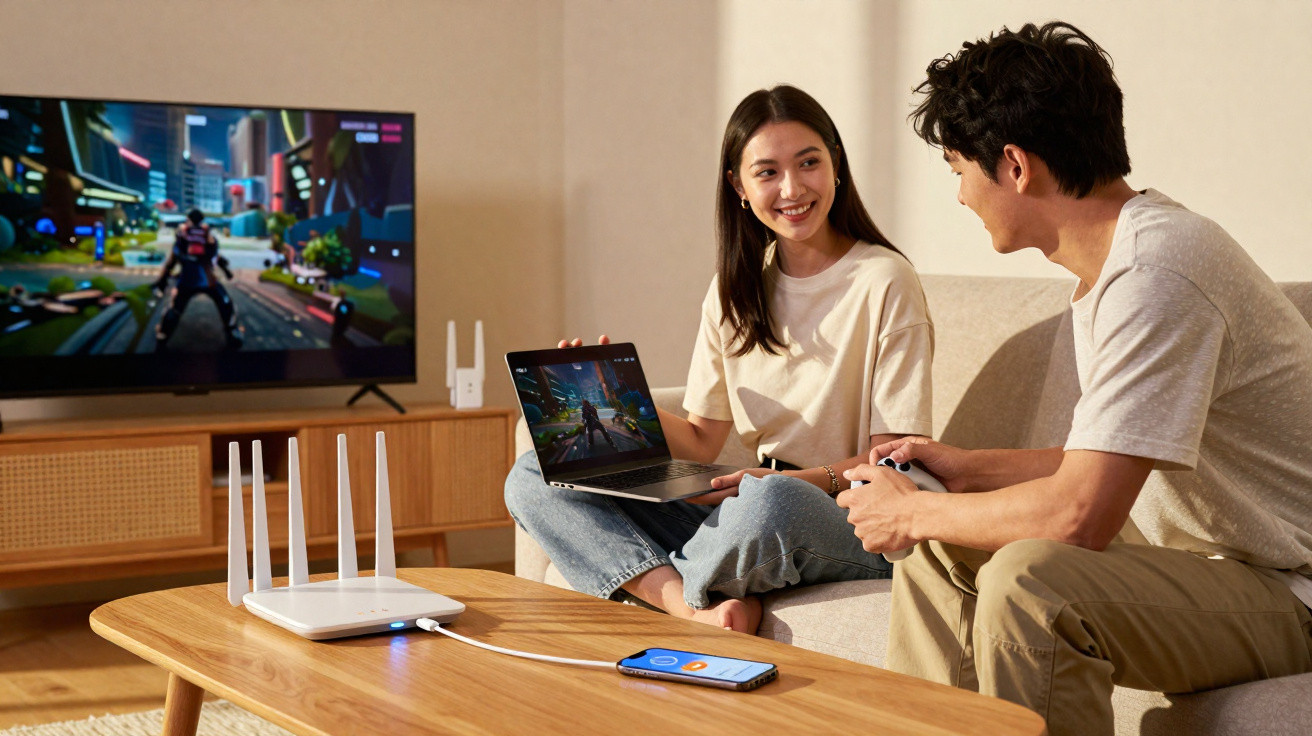 Casal jovem jogando videogame com laptop e TV conectados, com roteador e smartphone na mesa de madeira.