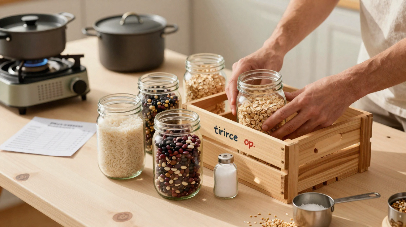Mãos organizando potes de vidro com grãos e cereais em caixa de madeira na cozinha.