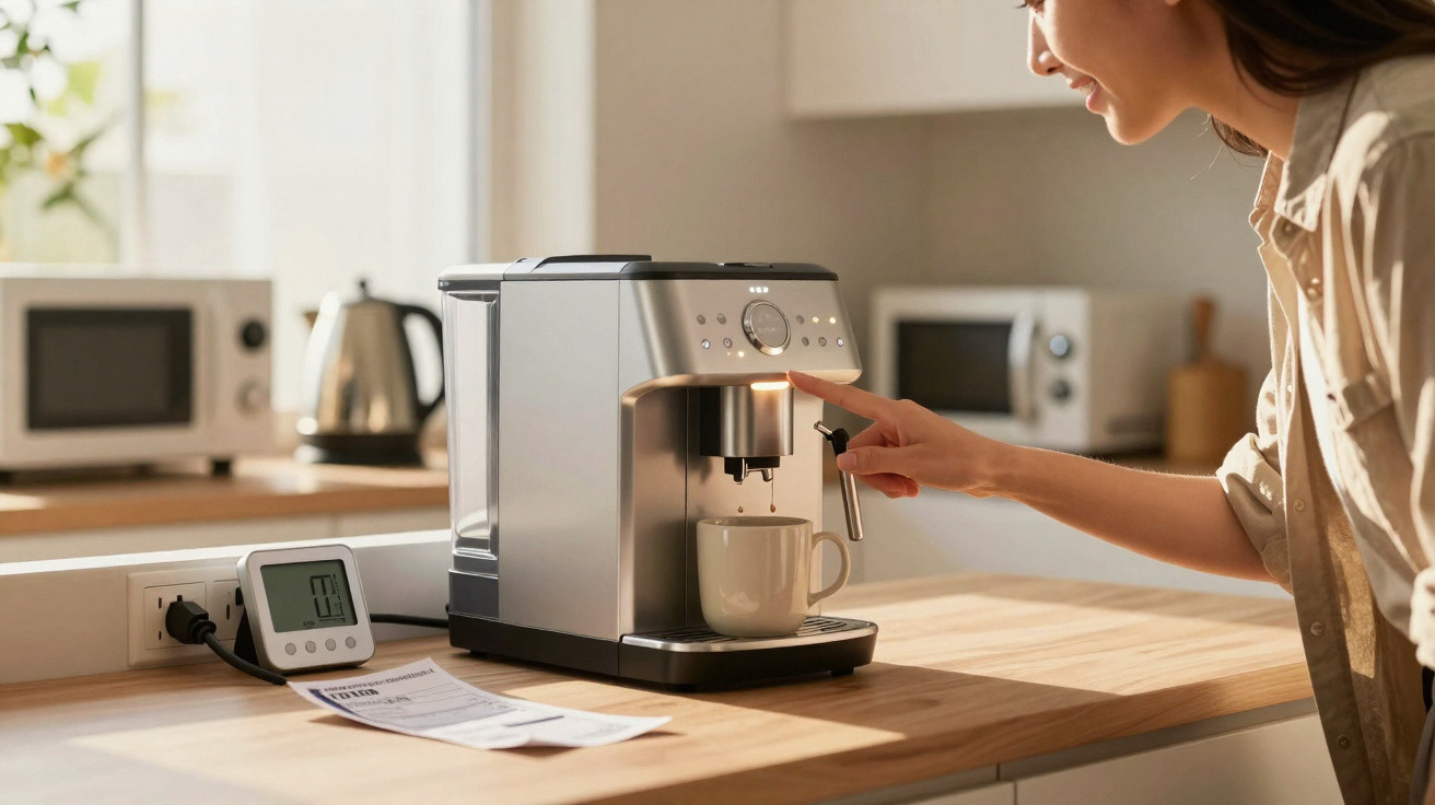 Mulher usando máquina de café expresso em cozinha moderna, com xícara branca na bancada.