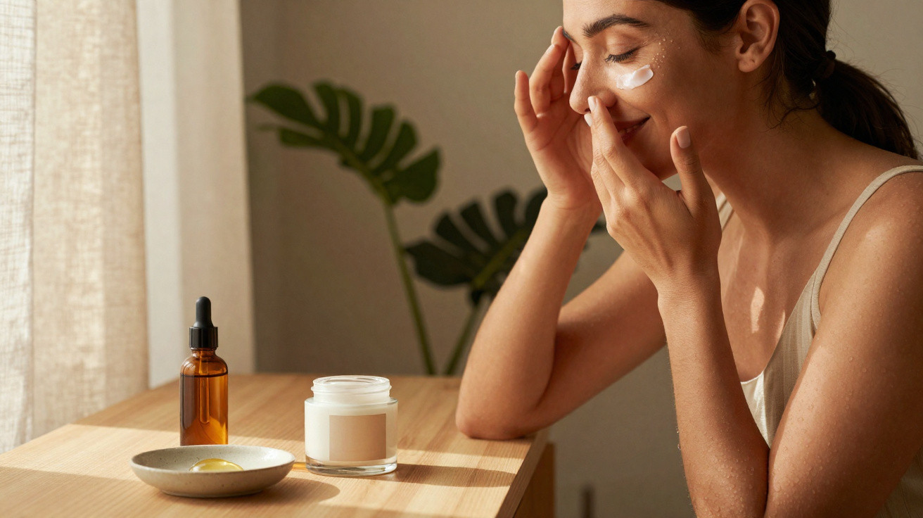 Mulher aplicando creme no rosto sentada à mesa com produtos de skincare ao lado em ambiente iluminado.