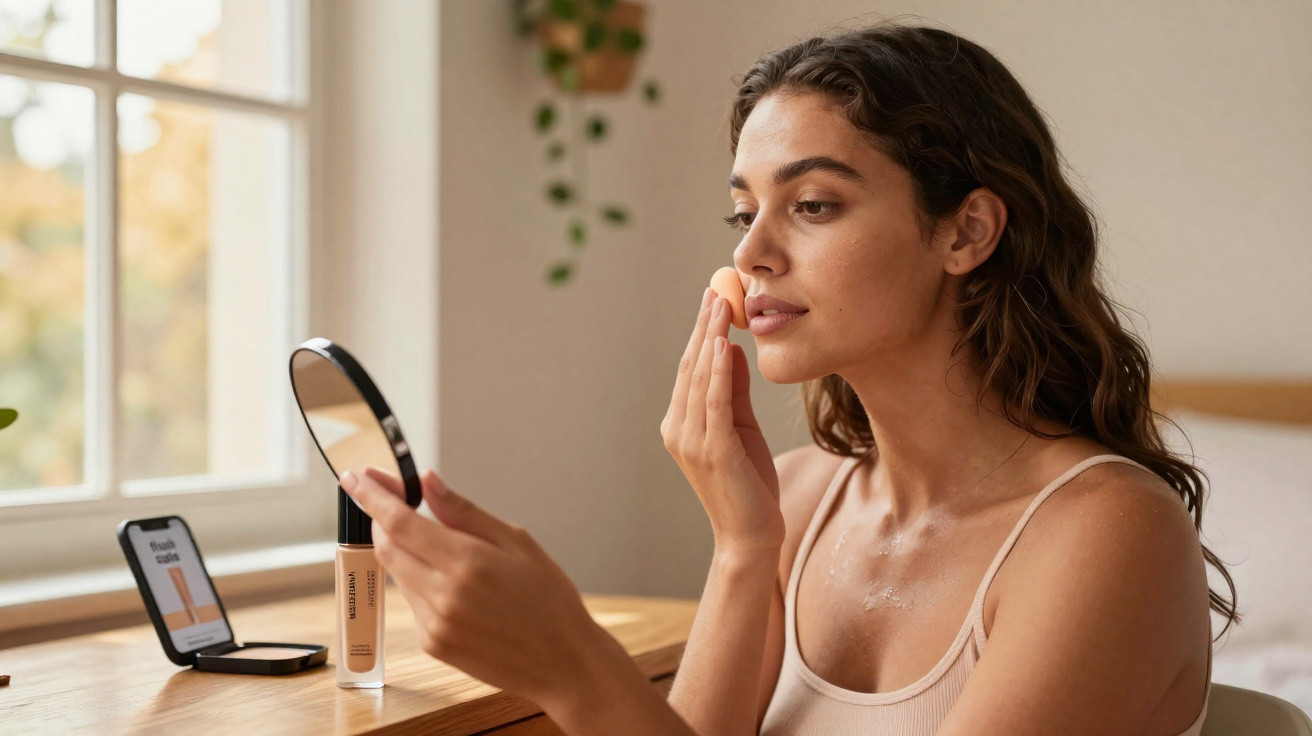 Mulher aplicando base facial com esponja, olhando em espelho pequeno, sentada perto de janela iluminada.