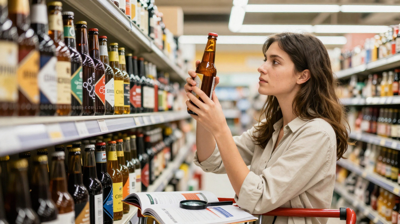 Mulher em supermercado analisando rótulo de garrafa de bebida em corredor de cervejas.