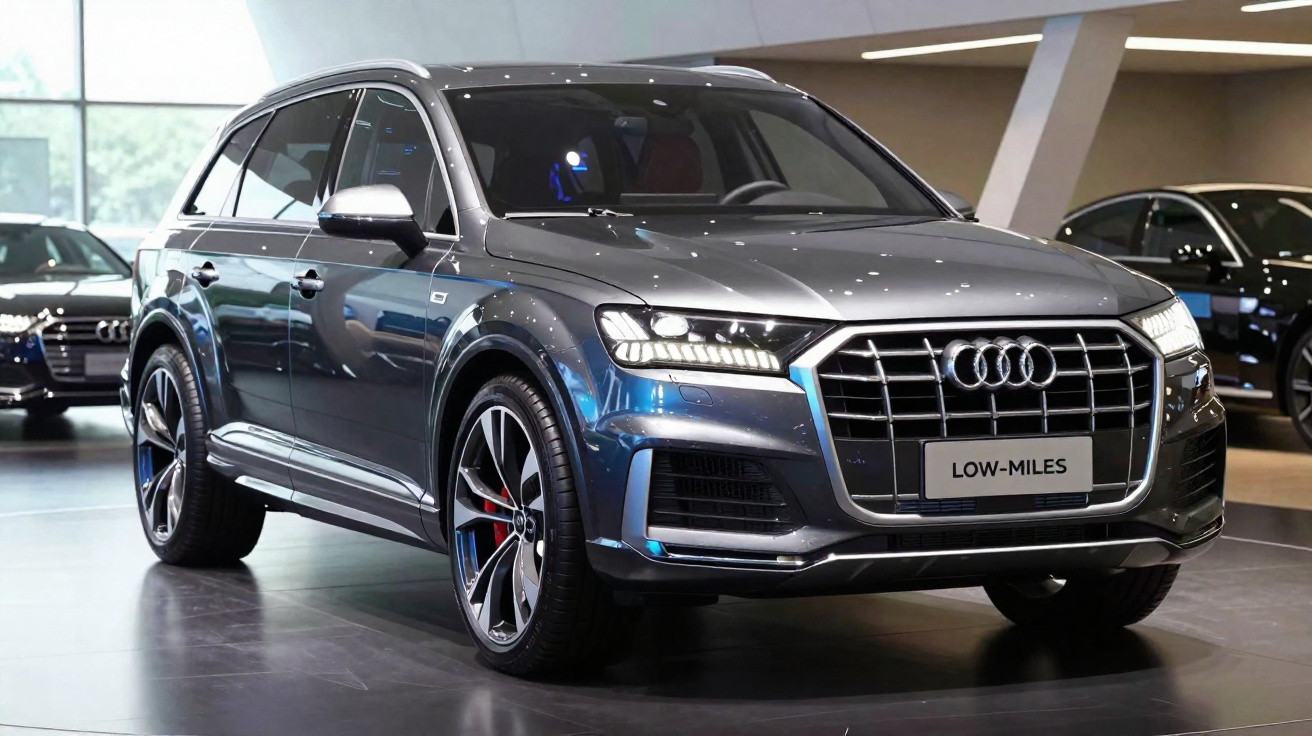 Carro SUV Audi cinza metálico exibido em showroom moderno com placas "Low-Miles".