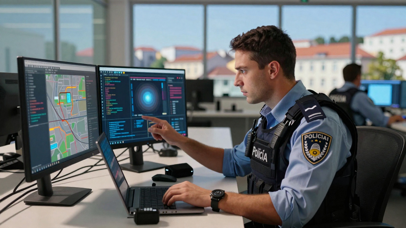 Policial sentado em mesa com três telas, uma mostrando mapa digital e outra dados cibernéticos.