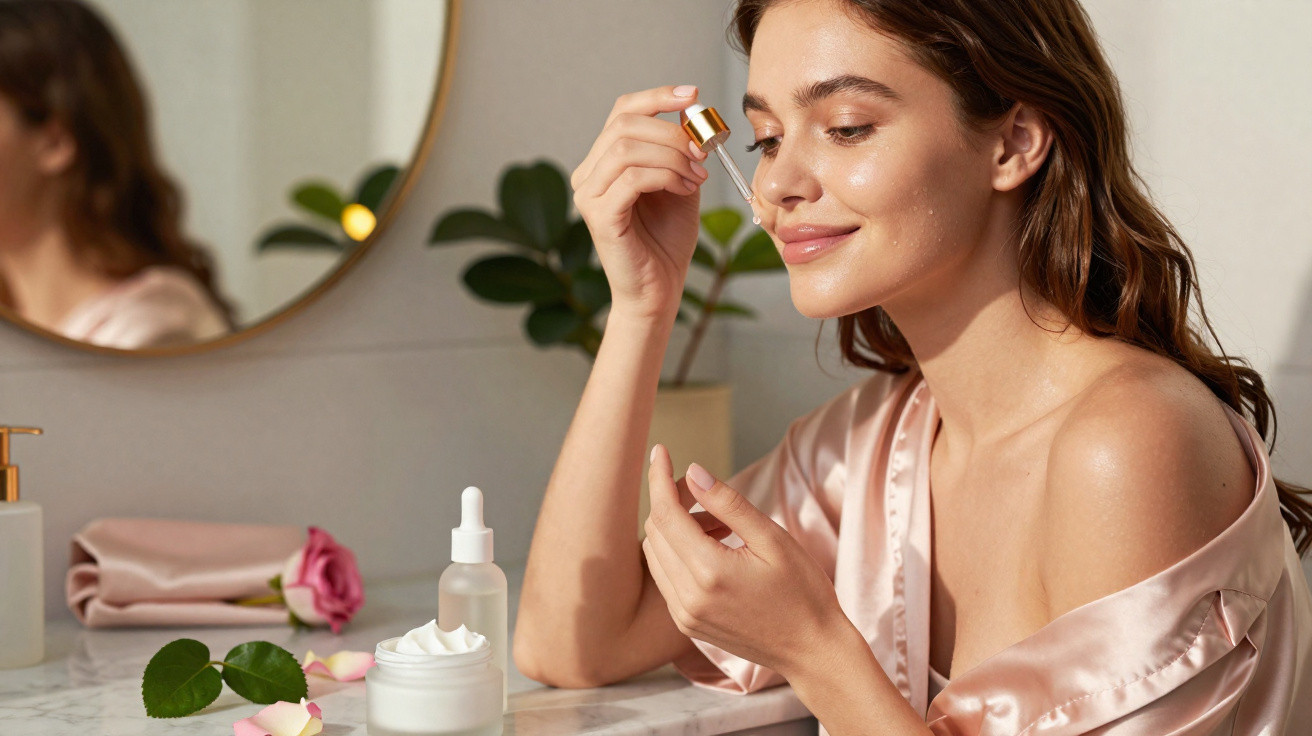 Mulher aplicando sérum facial com conta-gotas em ambiente iluminado e relaxante no banheiro.
