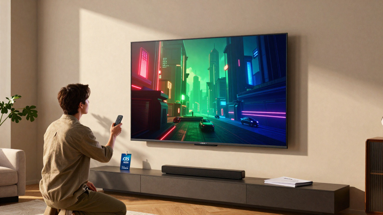 Pessoa usando controle remoto assistindo a um jogo de corrida em TV grande na sala moderna.