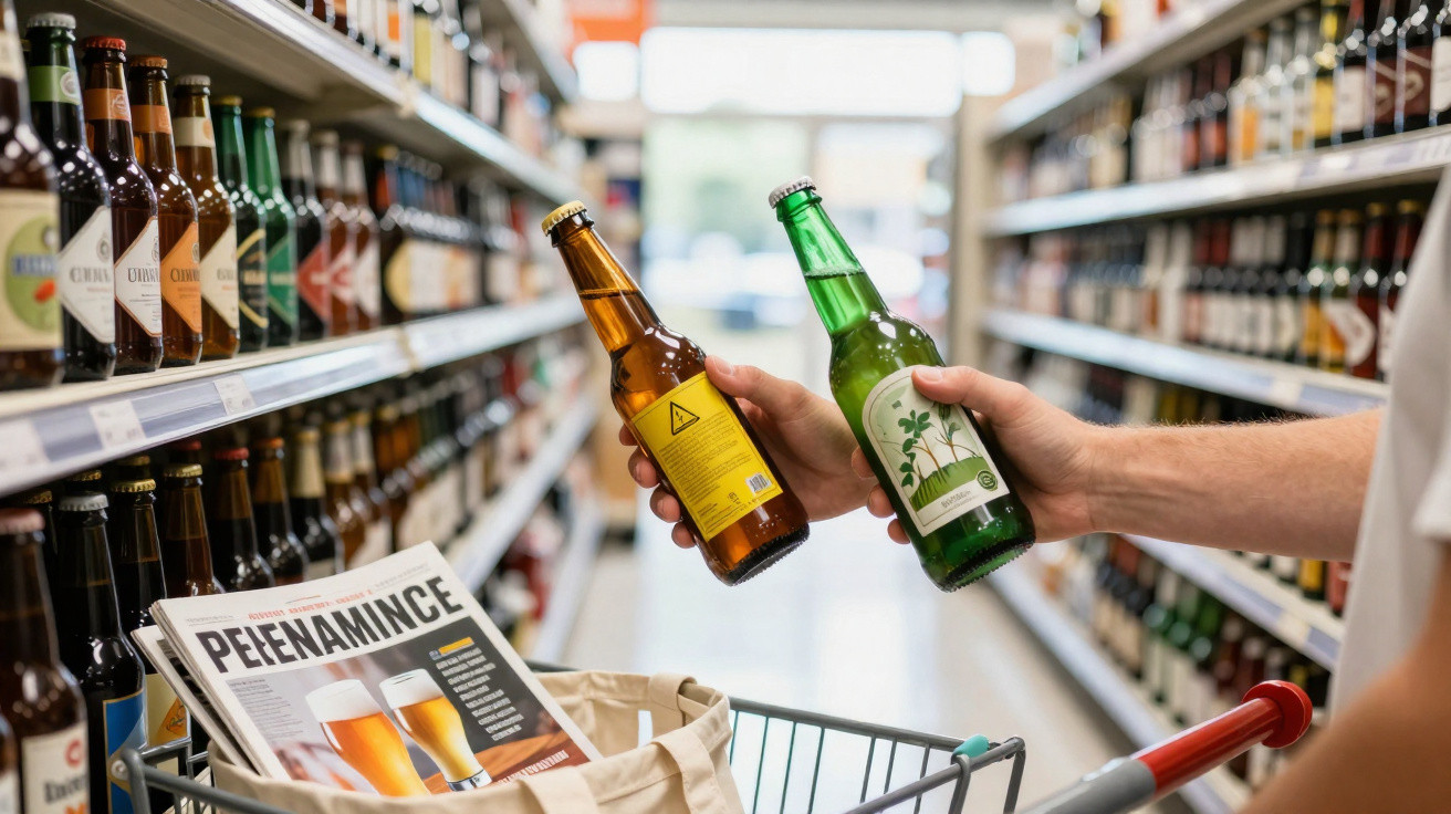 Mãos segurando duas garrafas de cerveja em corredor de supermercado com carrinho e revista sobre cervejas.