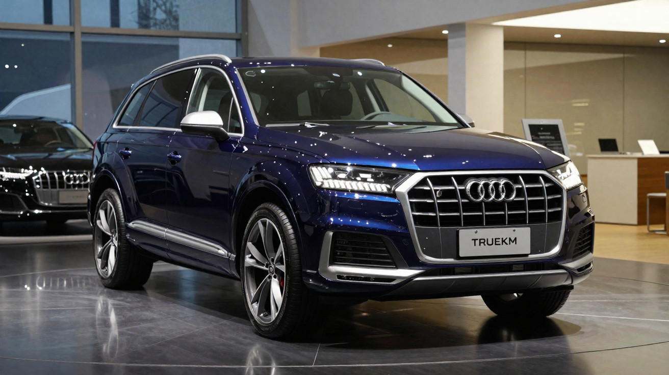 SUV Audi Q7 azul escuro exibido em showroom moderno com piso refletivo e iluminação suave.