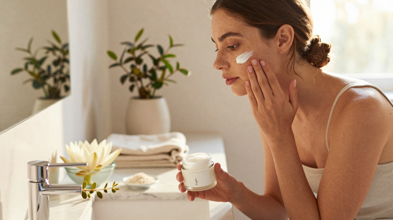 Mulher aplicando creme facial com mão direita em banheiro claro e decorado com plantas.