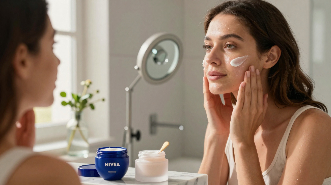 Mulher aplicando creme facial com potes de Nivea sobre bancada em banheiro iluminado.