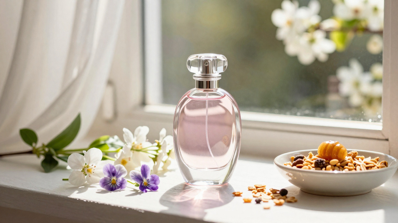 Frasco de perfume rosa sobre parapeito iluminado por luz natural com flores e potinho de sementes.