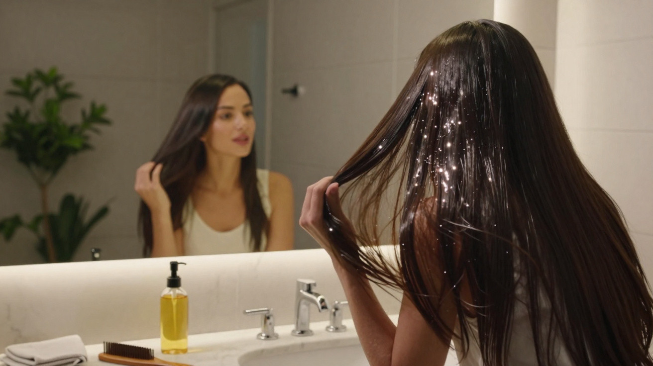 Mulher olhando o cabelo molhado no espelho do banheiro, segurando mecha com a mão direita.