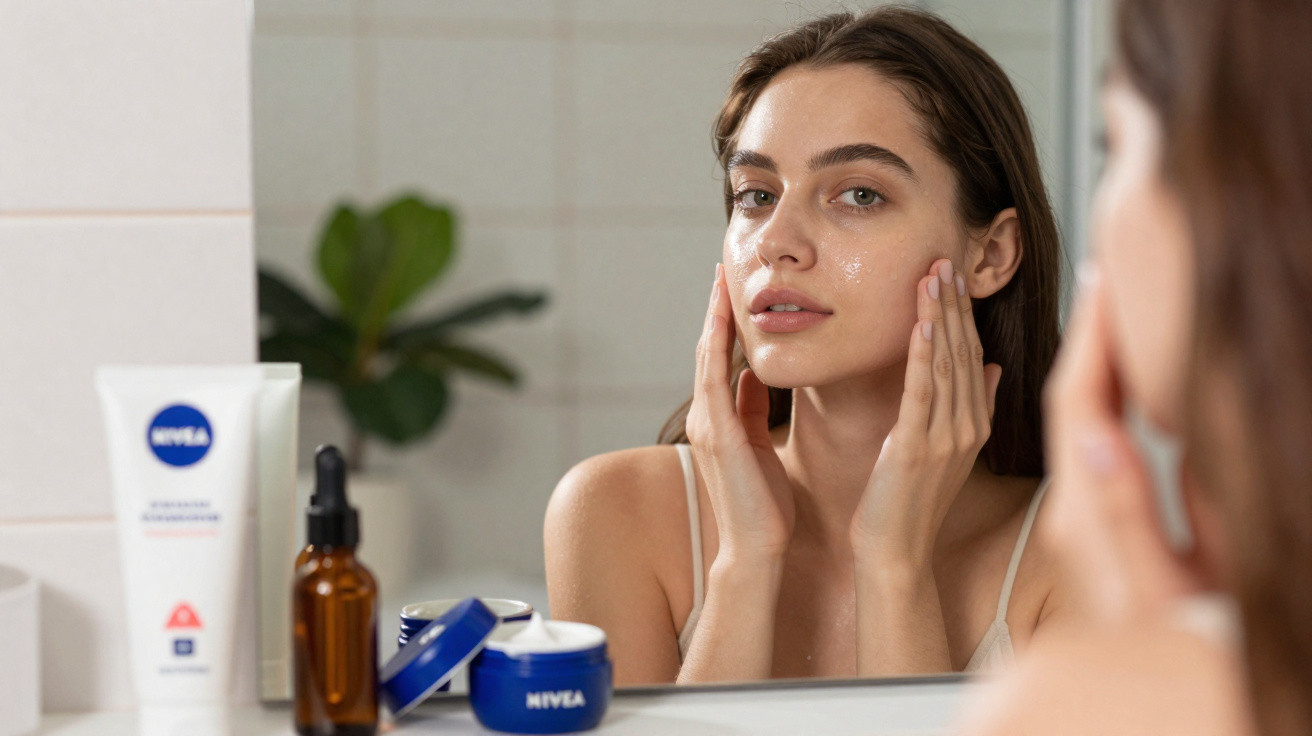 Mulher aplicando creme facial hidratante, olhando no espelho do banheiro com produtos Nivea sobre a bancada.