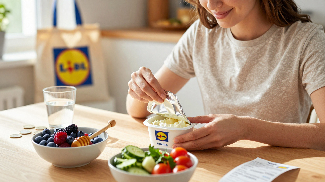Pessoa desembrulhando iogurte em pote da marca Lidl com frutas, legumes e copo de água na mesa.
