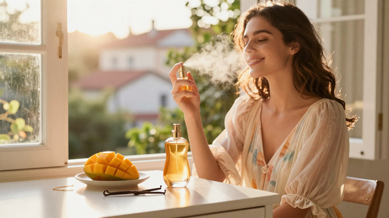 Mulher sorridente borrifando perfume em ambiente ensolarado com manga cortada e frasco sobre a mesa.