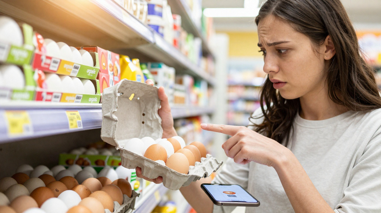 Mulher inspecionando embalagens de ovos em supermercado com expressão preocupada.