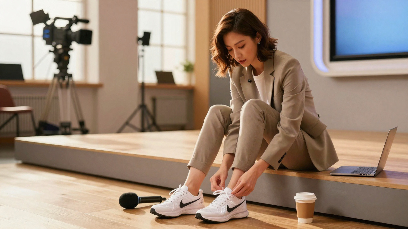 Mulher sentada em palco amarrando tênis branco, com microfone, café e laptop ao redor.