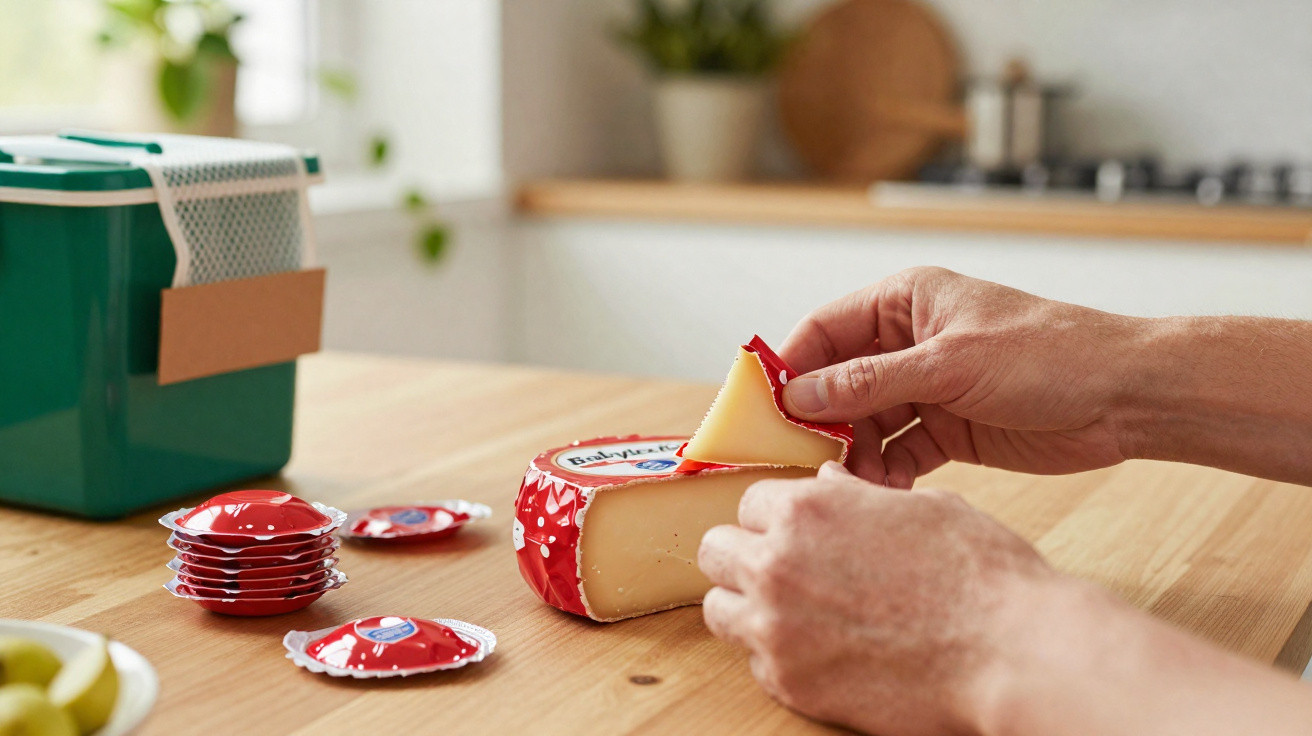 Mãos desembrulhando queijo redondo semiduro com embalagem vermelha sobre mesa de madeira clara.