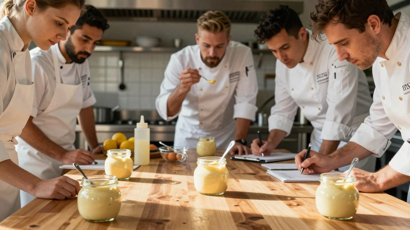 Equipe de chefs analisando e anotando receitas de molhos em cozinha profissional.
