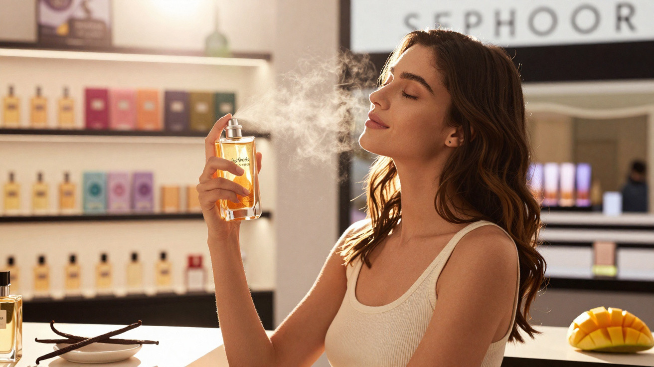 Mulher aplicando perfume em loja de cosméticos com prateleiras de fragrâncias ao fundo.