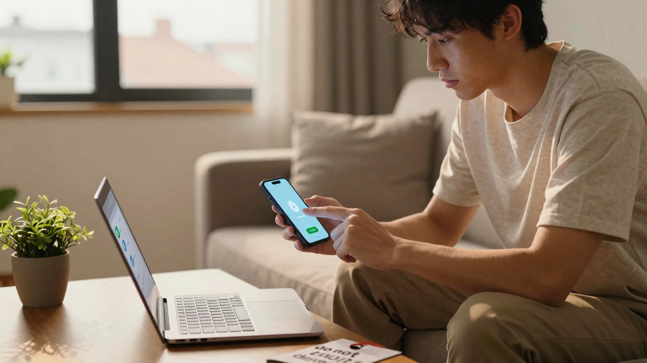 Homem sentado no sofá usando smartphone e notebook em mesa de madeira com planta ao lado.