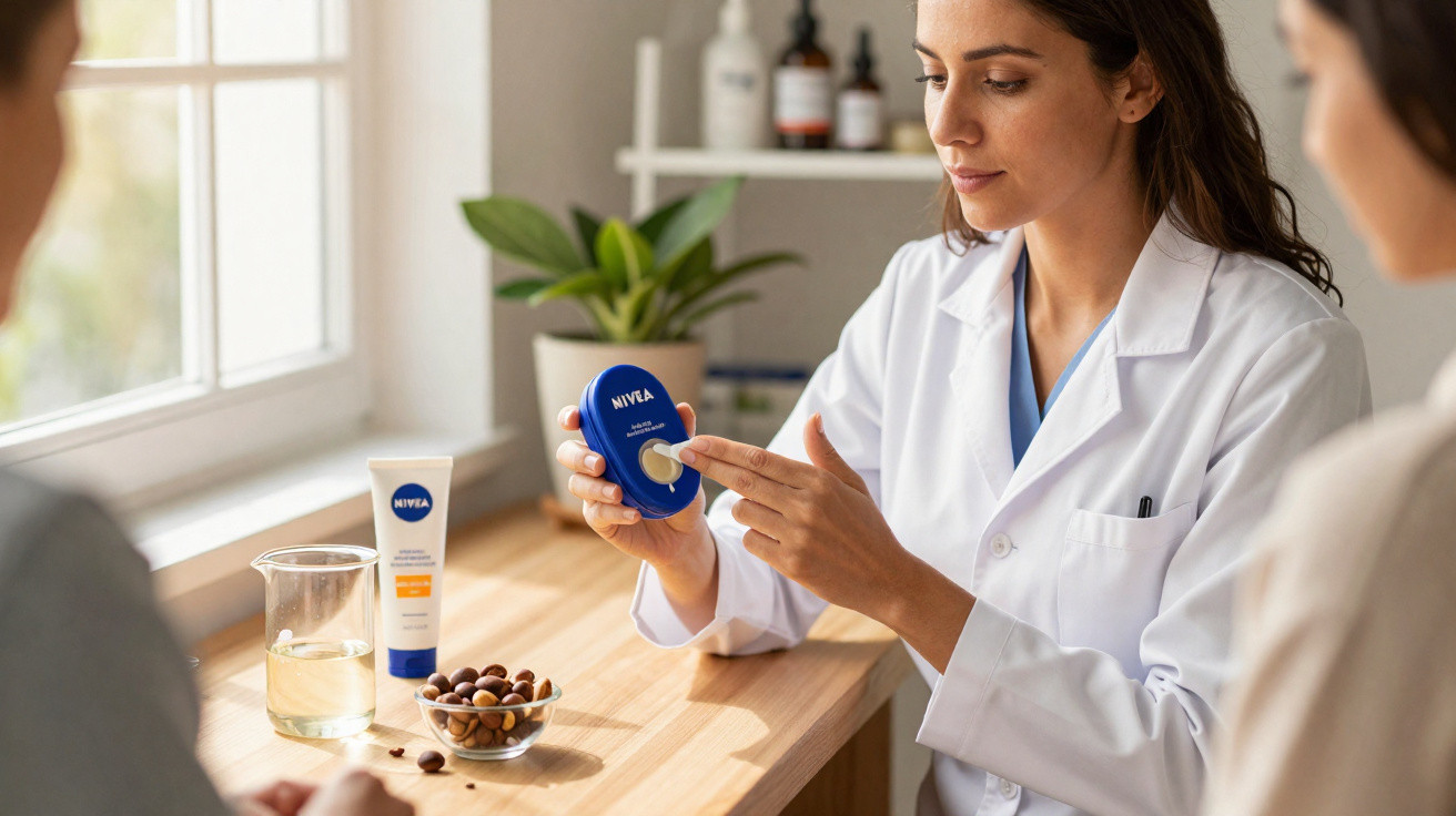 Mulher em jaleco branco mostrando creme Nivea azul para duas pessoas sentadas em mesa próxima à janela.