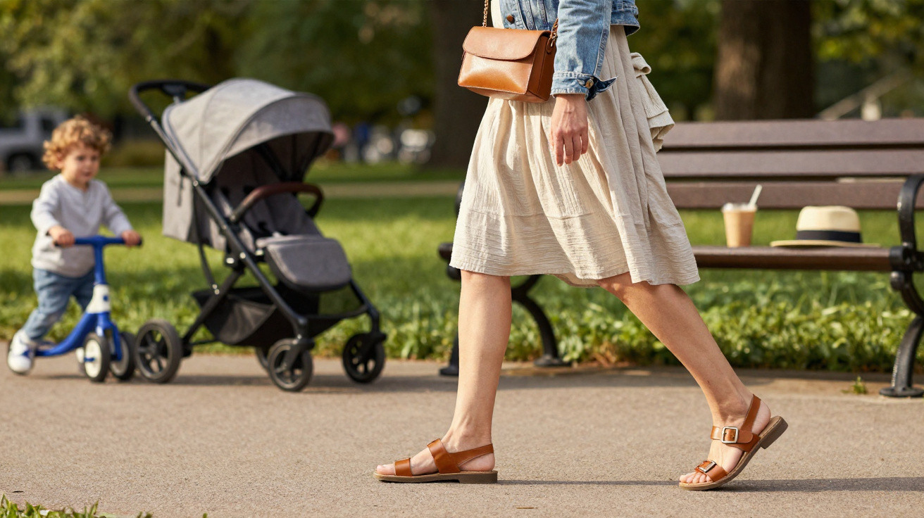 Mulher caminhando em parque com criança ao fundo empurrando carrinho e andando de patinete azul.